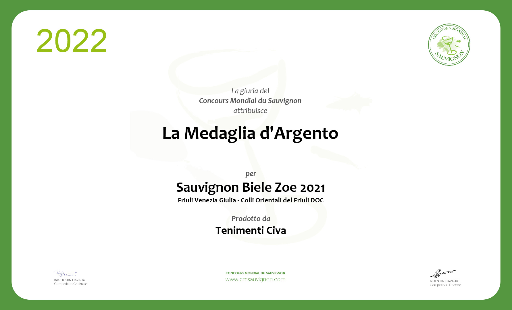 Sauvignon Biele Zôe è medaglia d’argento al Concours Mondial du Sauvignon 2022